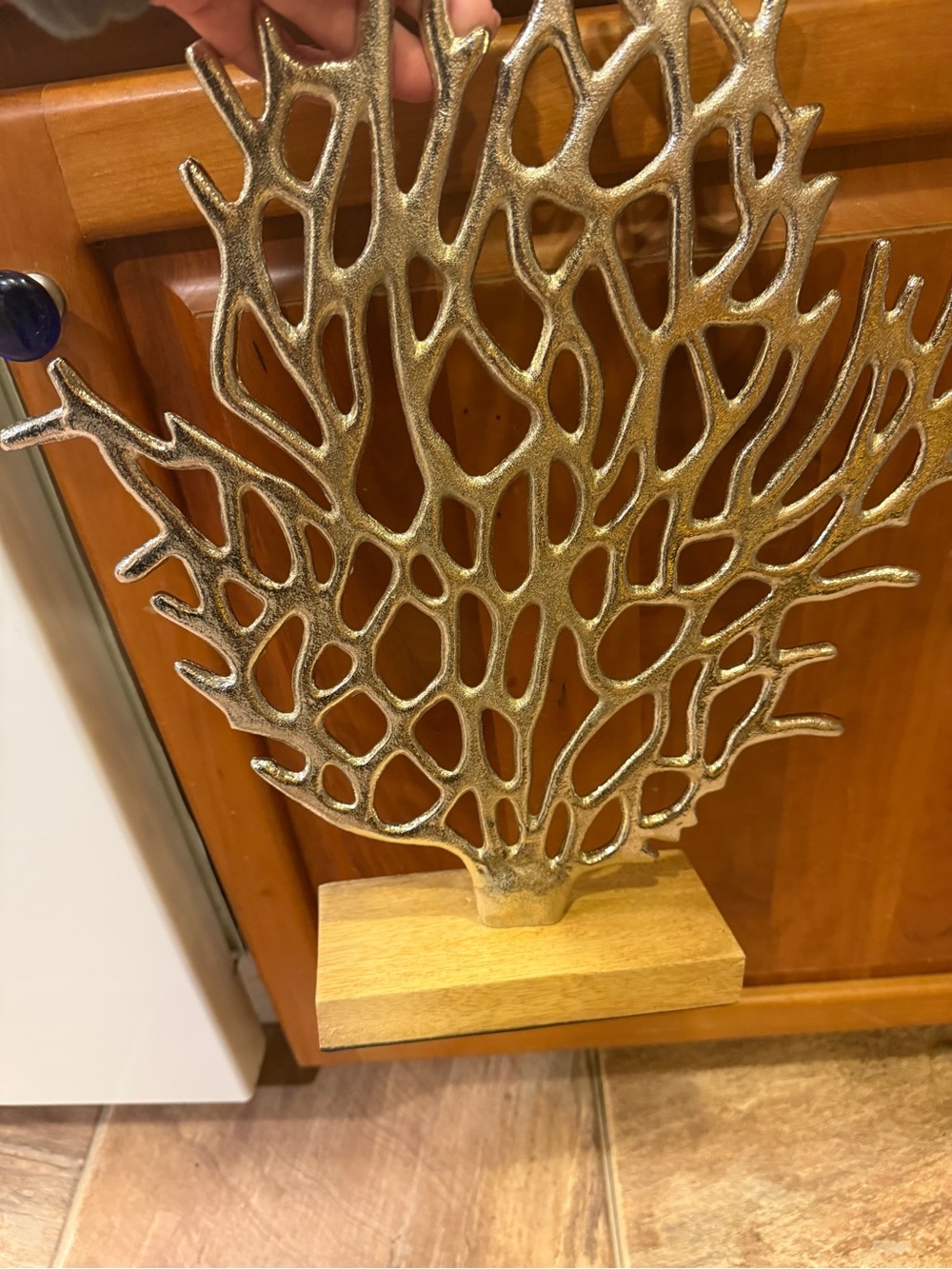 Silver Coral Branch Home Decor on Wooden Base Ocean Sea Decoration - Picture 4 of 12